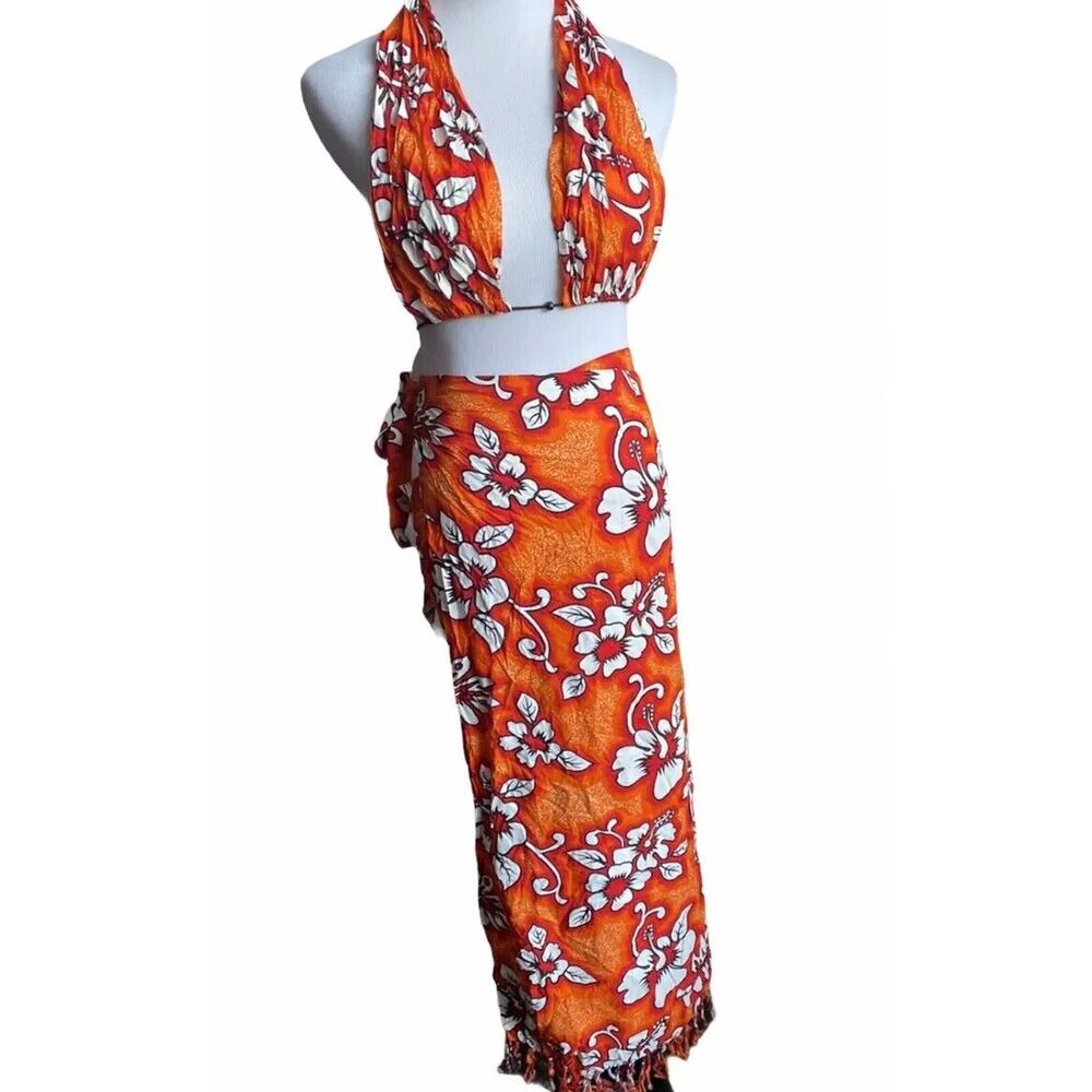 Vtg 90s Hawaiian Sarong Wrap Skirt Set Women M Orange Floral Luau Bikini Top